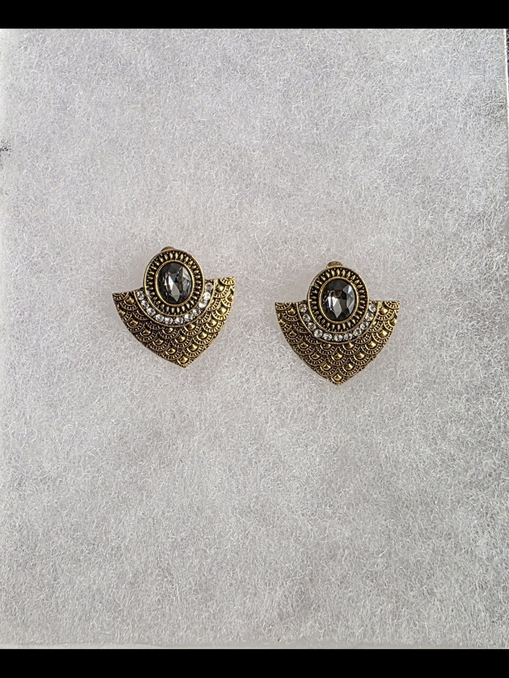Gold-Tone Antique Fan Stud Earrings with Gray Crystal